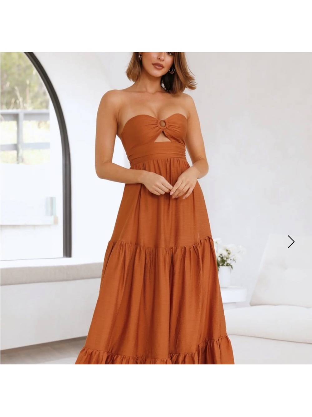 Hello Molly Strapless Rust Brown Maxi Dress with Ring Detail